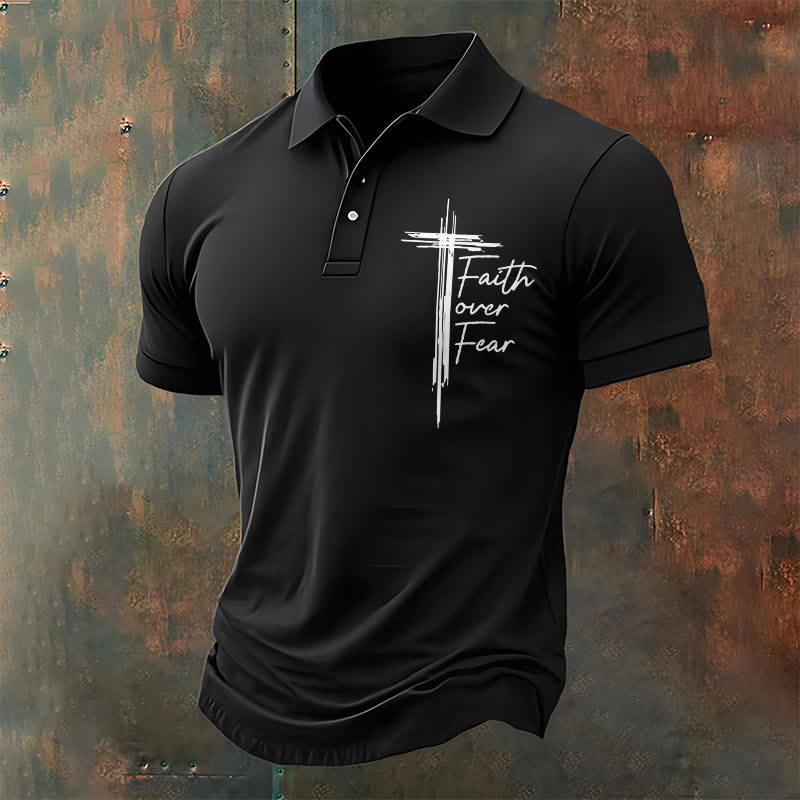 christiandiscipleshop Men's Retro Faith"Faith Over Fear"Casual Printed Polo Shirt