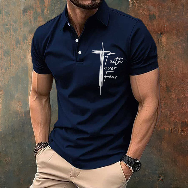 christiandiscipleshop Men's Retro Faith"Faith Over Fear"Casual Printed Polo Shirt
