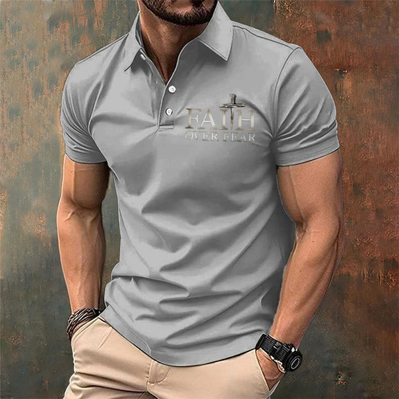 christiandiscipleshop Men's Retro Faith"Faith Over Fear"Casual Printed Polo Shirt