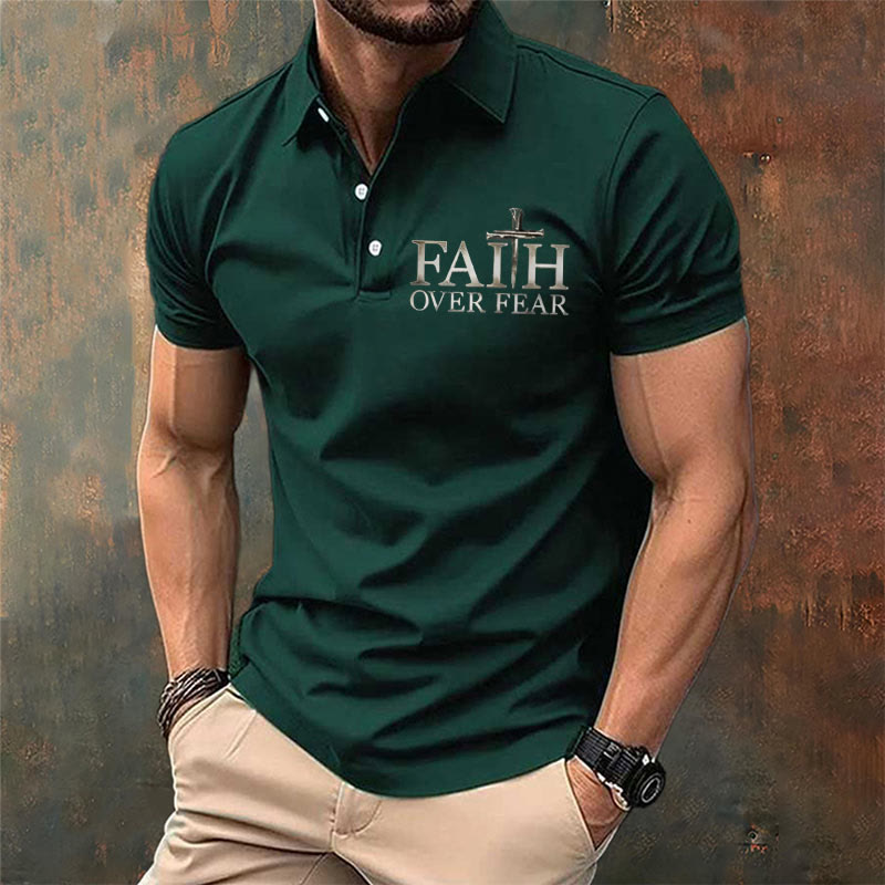 christiandiscipleshop Men's Retro Faith"Faith Over Fear"Casual Printed Polo Shirt