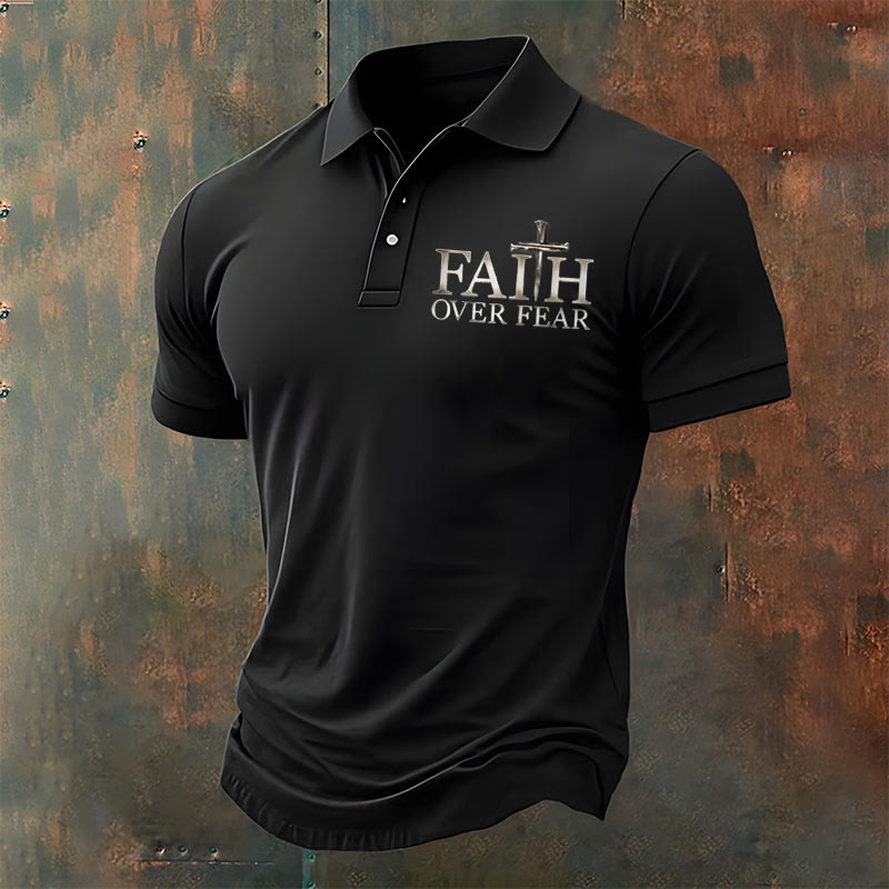 christiandiscipleshop Men's Retro Faith"Faith Over Fear"Casual Printed Polo Shirt