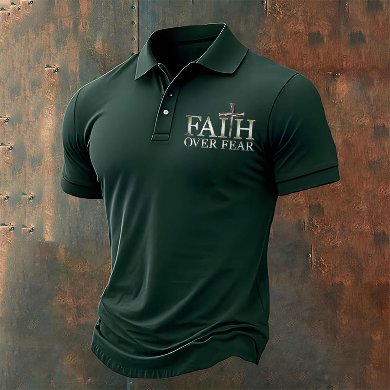 christiandiscipleshop Men's Retro Faith"Faith Over Fear"Casual Printed Polo Shirt