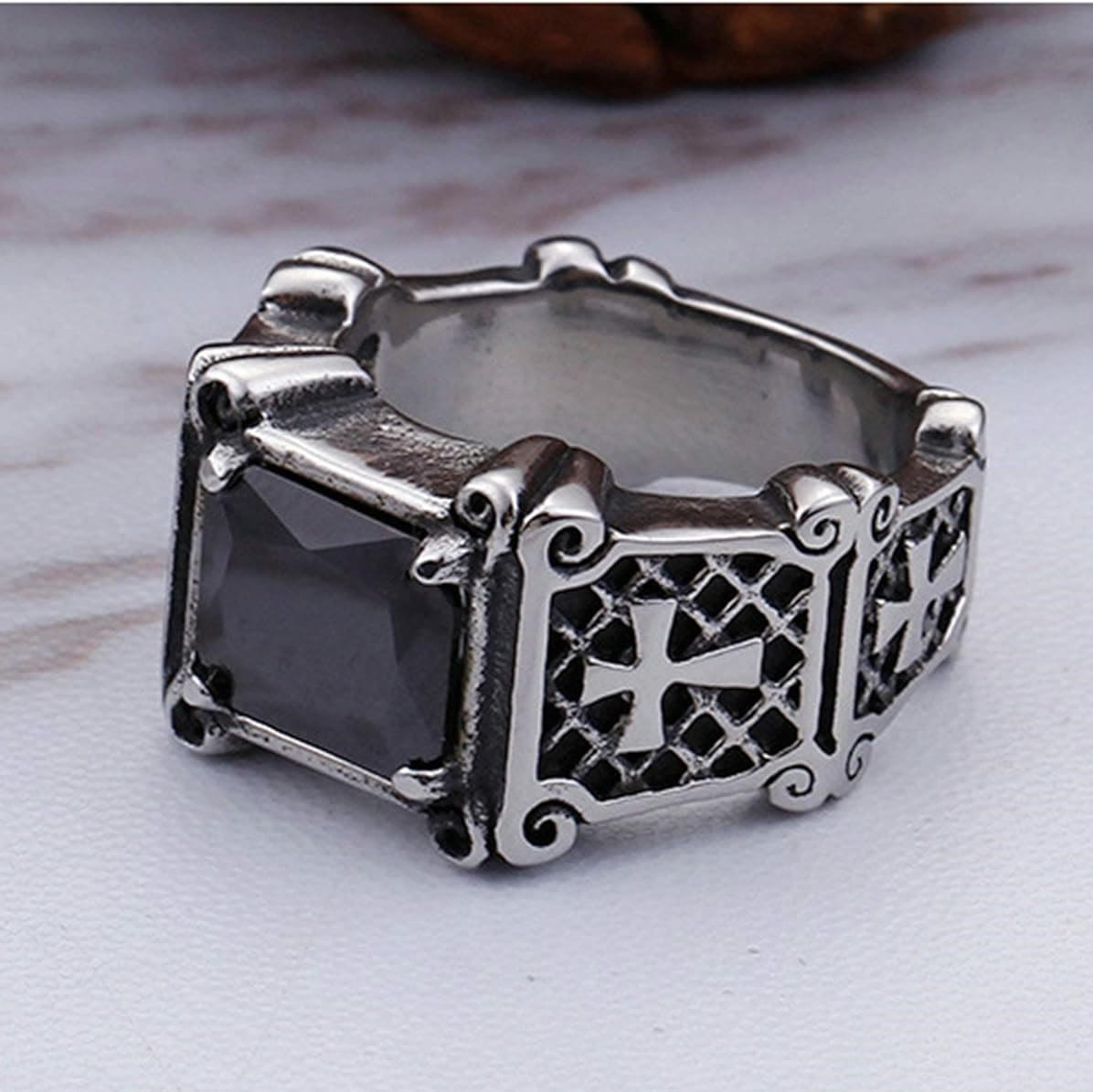 FREE Today: Red & Black Gemstone Cross - Embellished Couple Ring: A Symbol of Faith and Style
