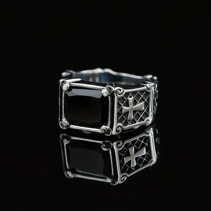 FREE Today: Red & Black Gemstone Cross - Embellished Couple Ring: A Symbol of Faith and Style