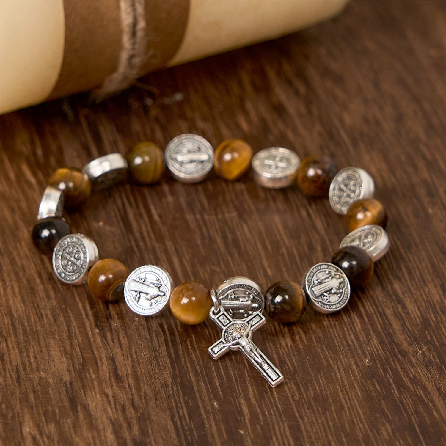 FREE Today: St. Benedict Symbol Tiger's Eye Bracelet: A Blend of Faith and Beauty
