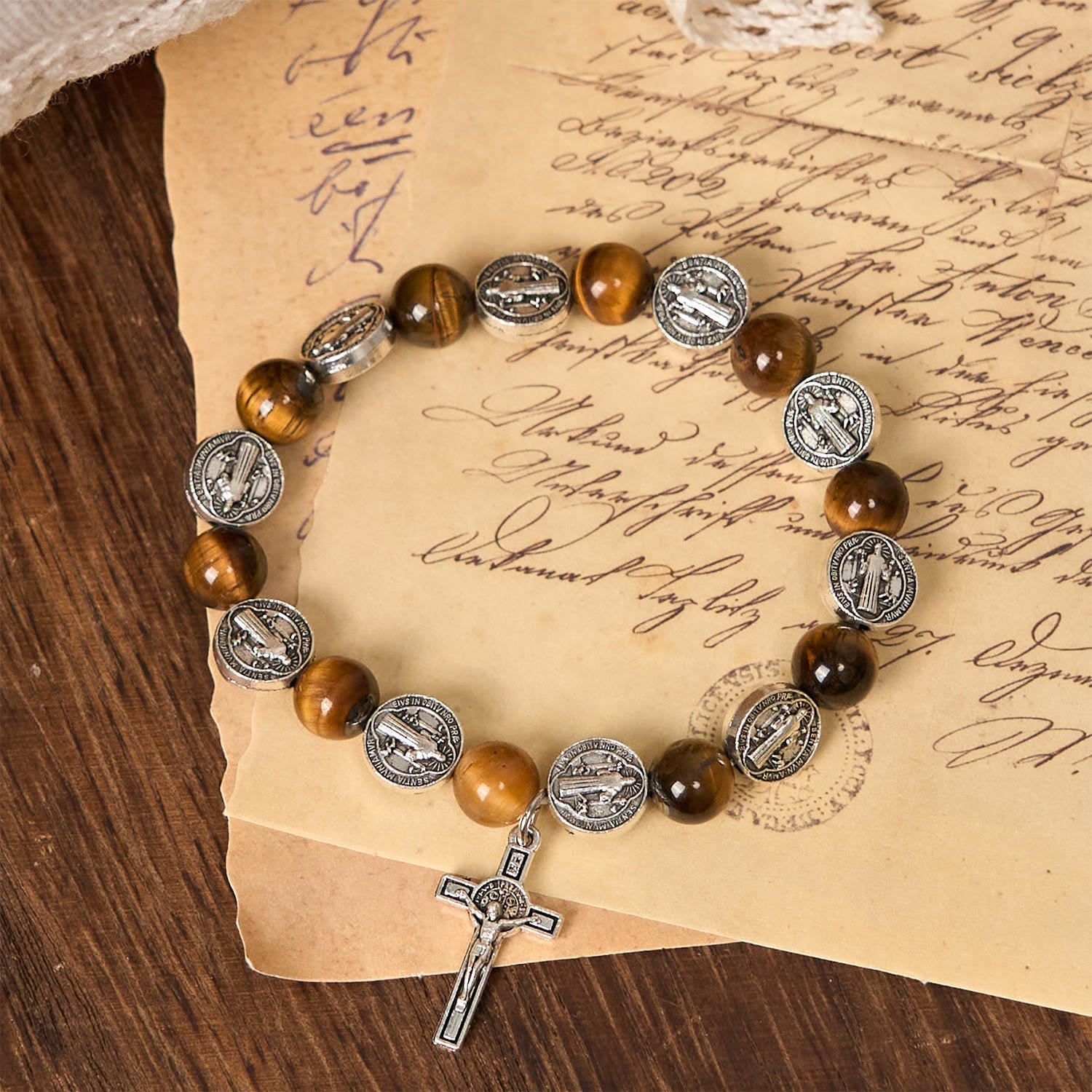 FREE Today: St. Benedict Symbol Tiger's Eye Bracelet: A Blend of Faith and Beauty