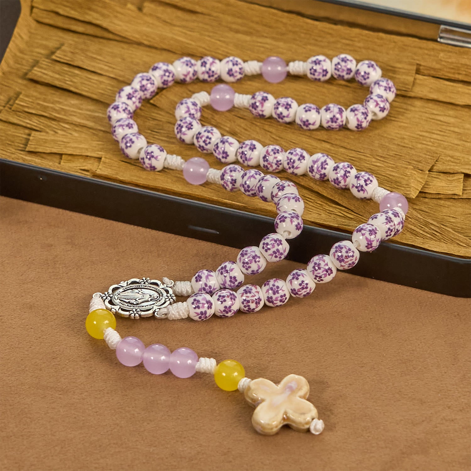 christiandiscipleshop Miraculous Medal & Cross of 8mm Flower Ceramic Beads Handmade Rosary for Holy Prayer