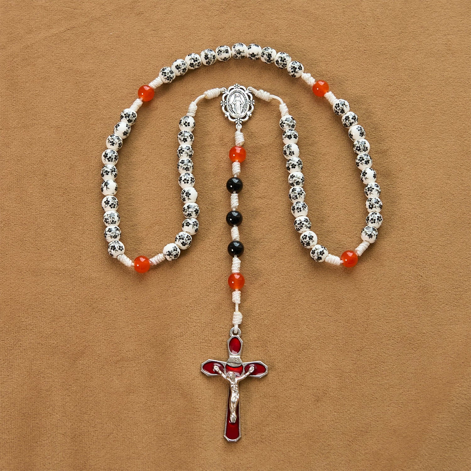 christiandiscipleshop Miraculous Medal & Crucifix of 8mm Flower Ceramic Beads Handmade Rosary——Divine Protection Rosary