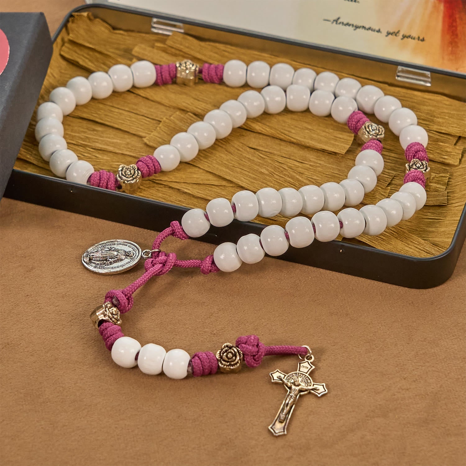 Christiandiscipleshop Grace - Infused Rosary: Handmade White Bead Rosary with Mary's Medal and Floral Accents