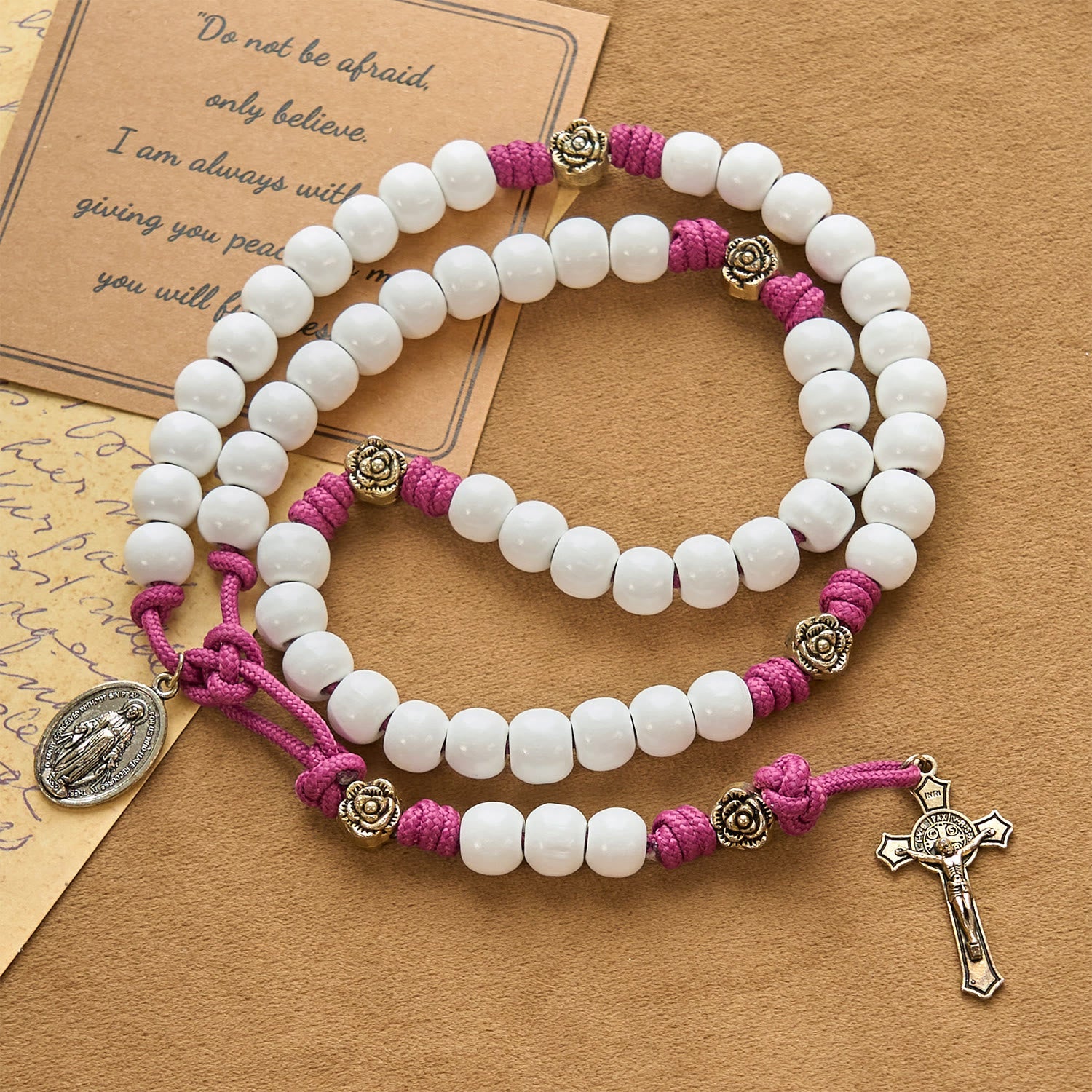 Christiandiscipleshop Grace - Infused Rosary: Handmade White Bead Rosary with Mary's Medal and Floral Accents