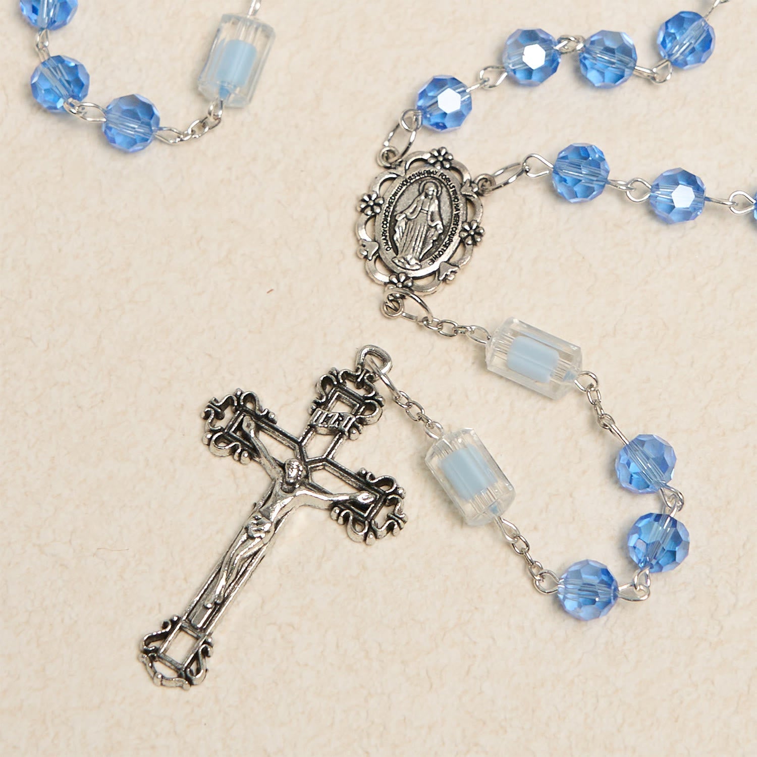 christiandiscipleshop Handmade Crucifix Blue Crystal & Glass Our Lady Beads Divine Grace Rosary