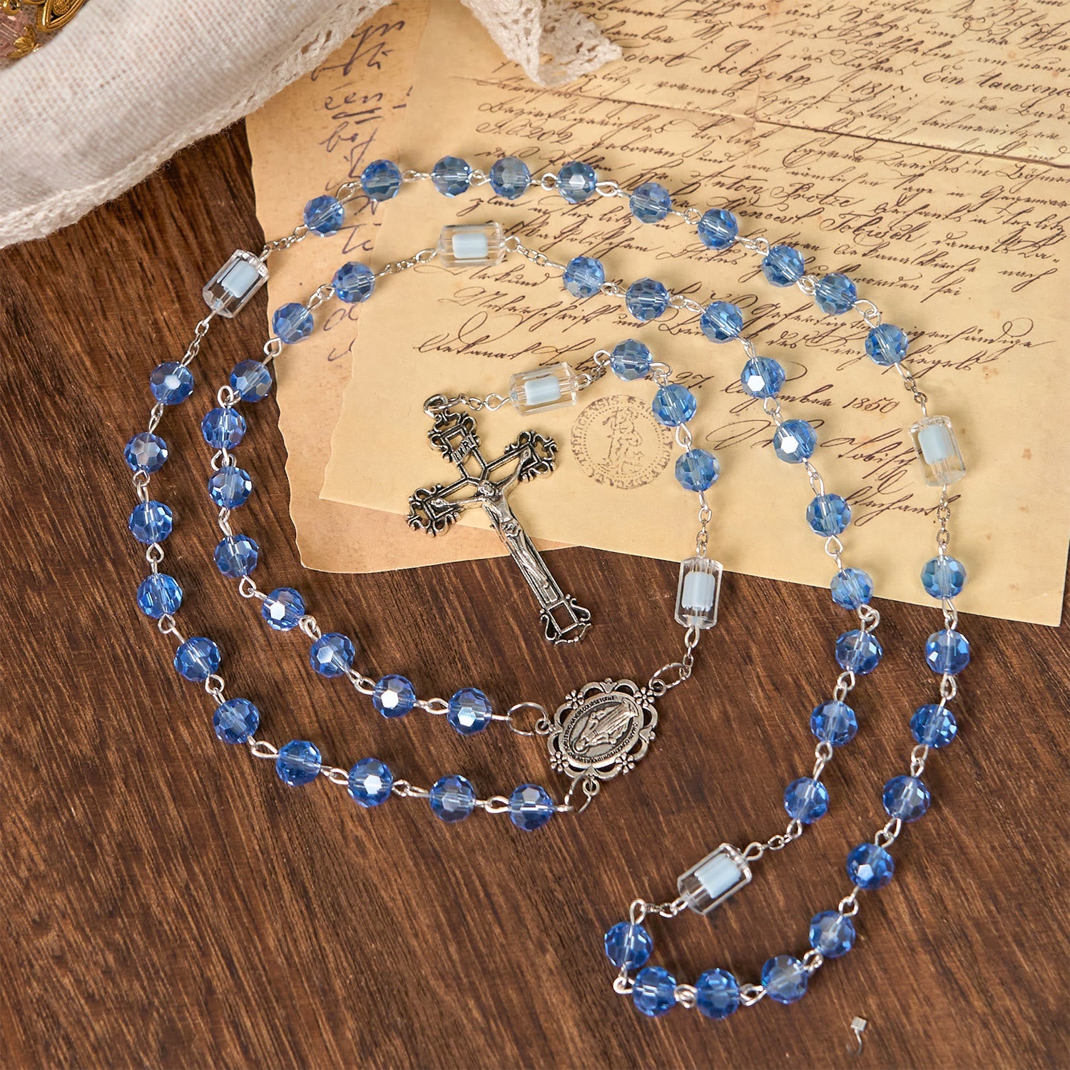 christiandiscipleshop Handmade Crucifix Blue Crystal & Glass Our Lady Beads Divine Grace Rosary