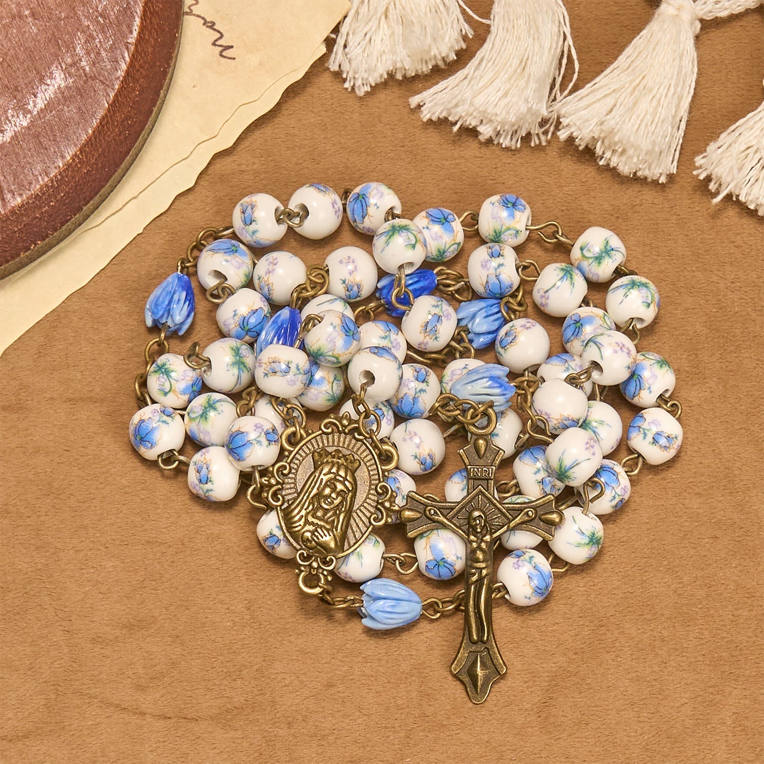 FREE Today: Immaculate Heart of Mary & Crucifix of 8 mm Round Blue Floral Acrylic Alloy Chain Rosary