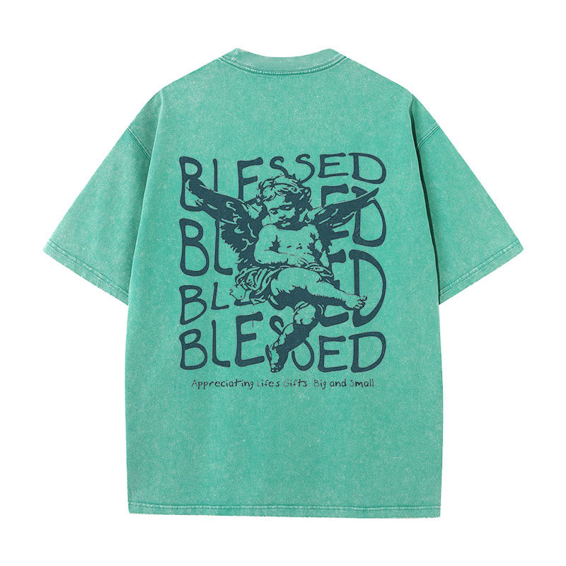 christiandiscipleshop Inspired Blessed T-Shirt with Cherub Design Unisex Washed T-Shirt