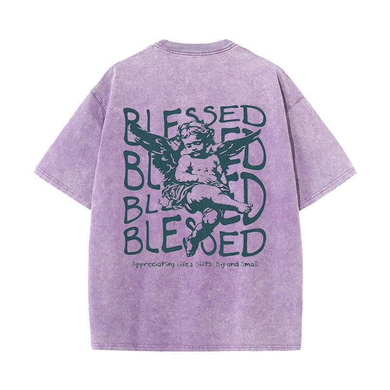 christiandiscipleshop Inspired Blessed T-Shirt with Cherub Design Unisex Washed T-Shirt