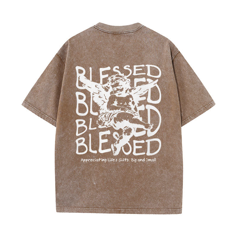 christiandiscipleshop Inspired Blessed T-Shirt with Cherub Design Unisex Washed T-Shirt
