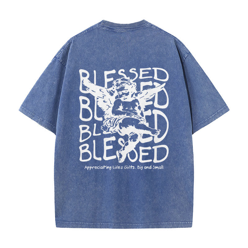 christiandiscipleshop Inspired Blessed T-Shirt with Cherub Design Unisex Washed T-Shirt