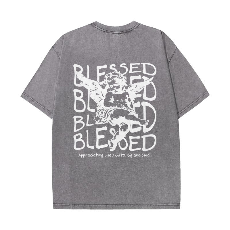 christiandiscipleshop Inspired Blessed T-Shirt with Cherub Design Unisex Washed T-Shirt
