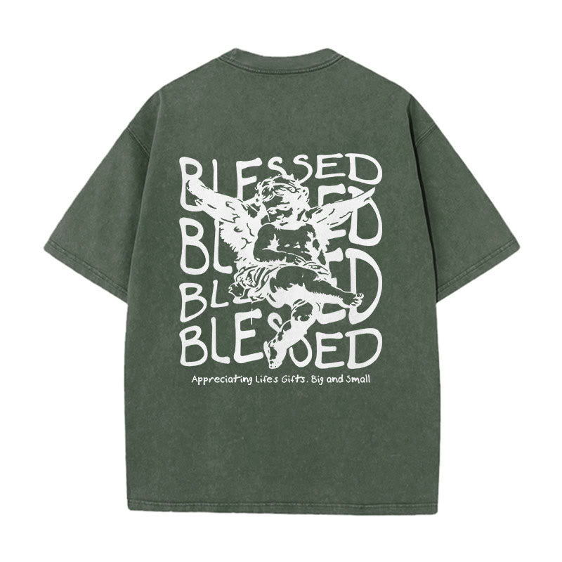 christiandiscipleshop Inspired Blessed T-Shirt with Cherub Design Unisex Washed T-Shirt