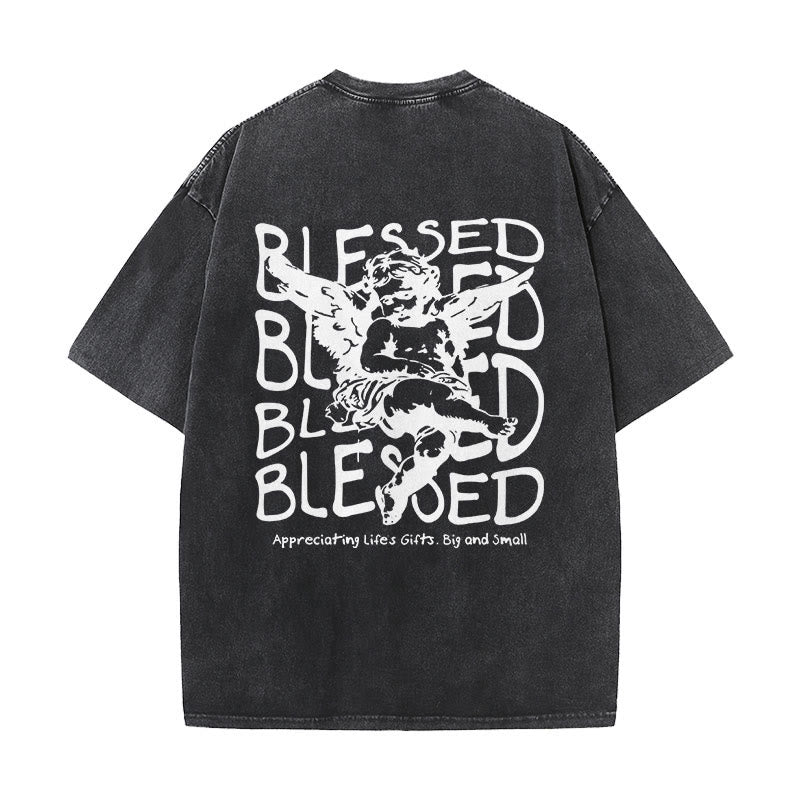 christiandiscipleshop Inspired Blessed T-Shirt with Cherub Design Unisex Washed T-Shirt
