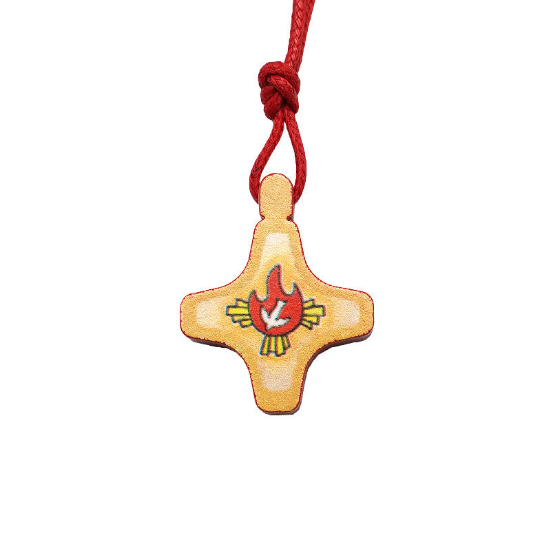 christiandiscipleshop Holy Spirit Wooden Cross Pendant and Red Enameled Medal Necklace