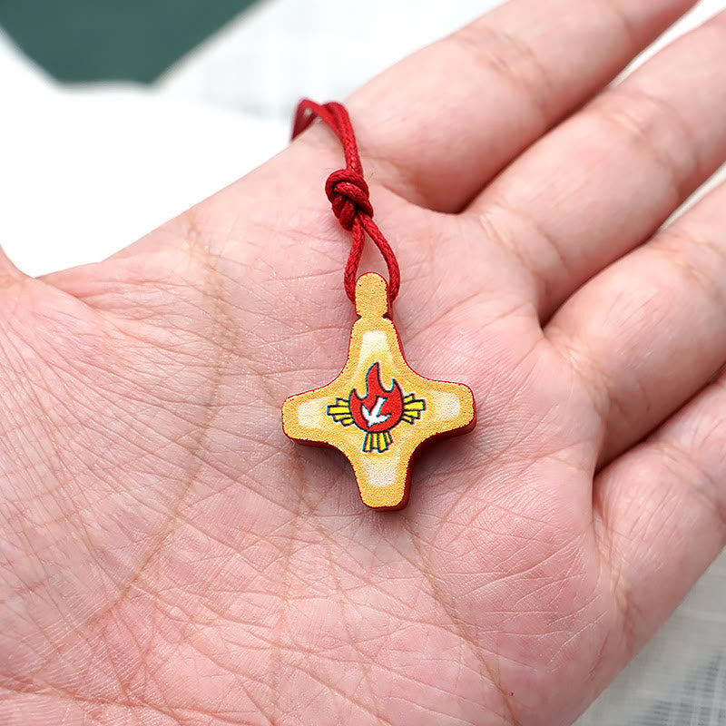 christiandiscipleshop Holy Spirit Wooden Cross Pendant and Red Enameled Medal Necklace