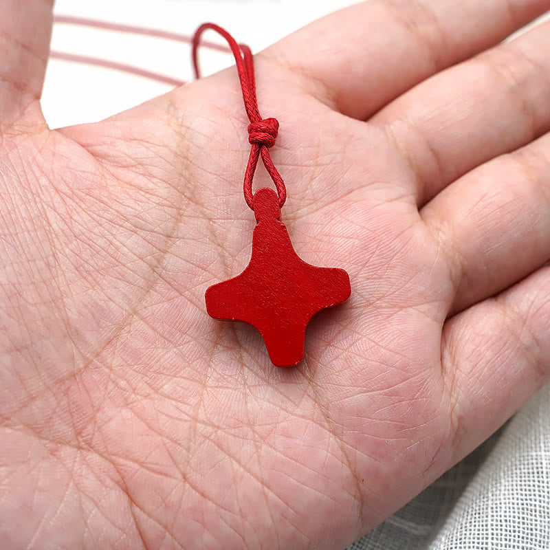 christiandiscipleshop Holy Spirit Wooden Cross Pendant and Red Enameled Medal Necklace