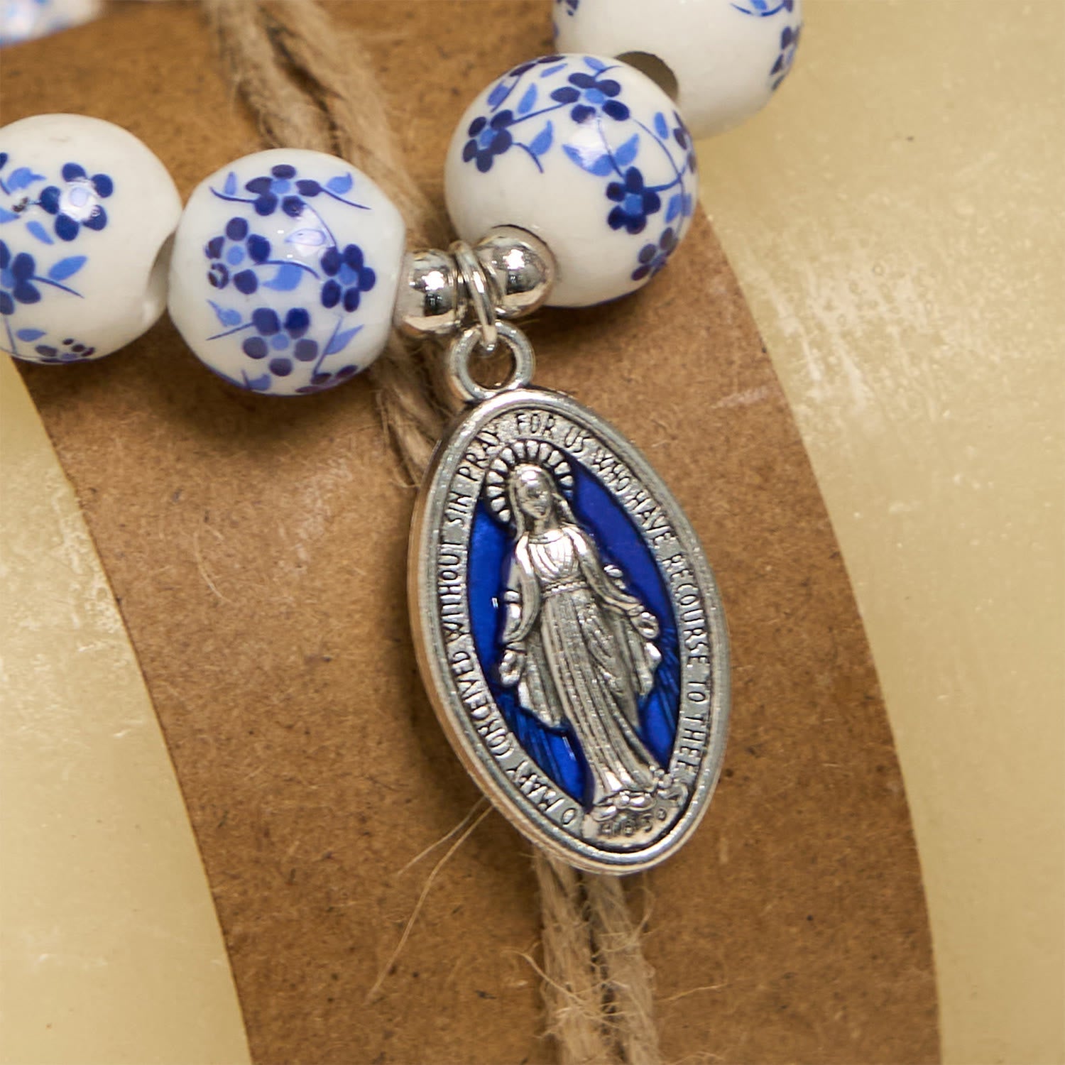 Christianartworkshop Blue & White Beaded Floral Bracelet with Miraculous Medal