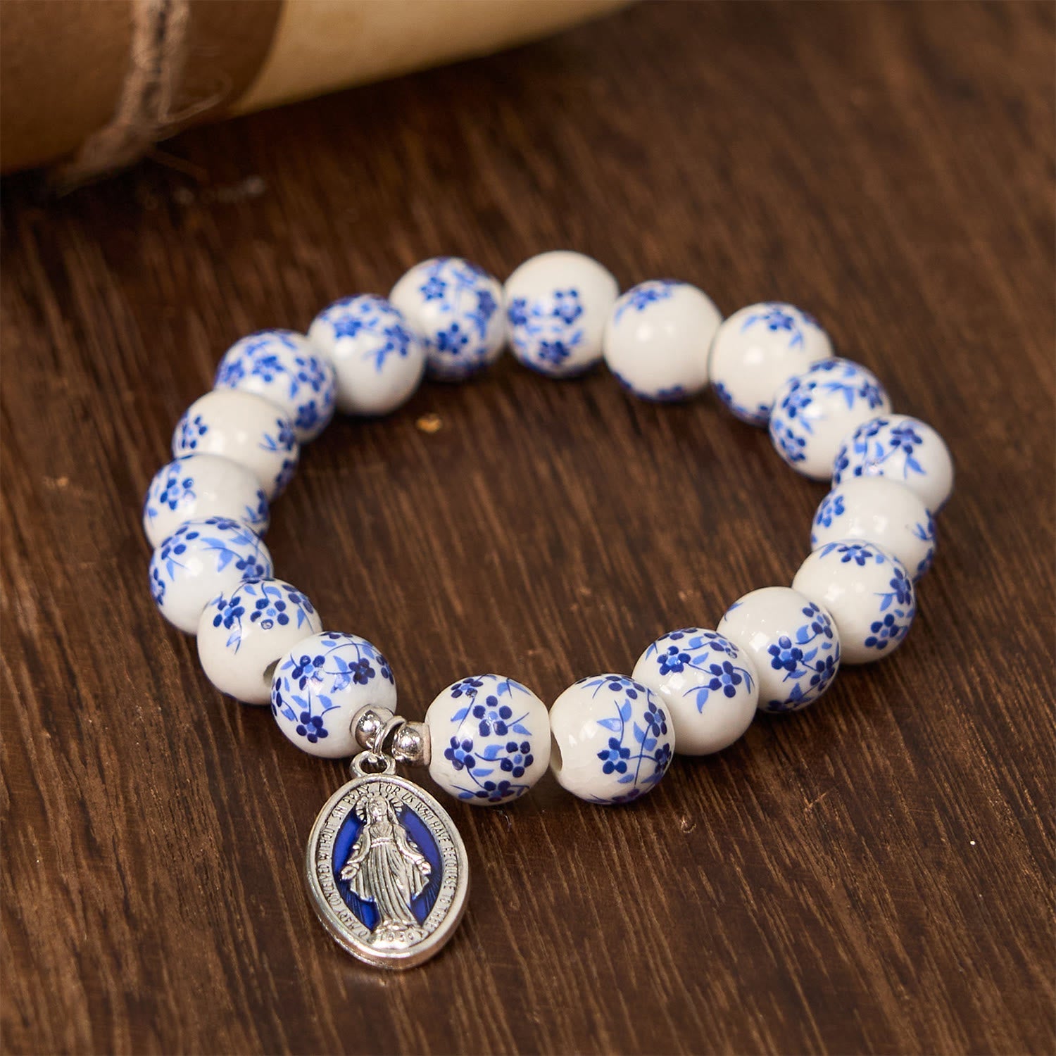 Christianartworkshop Blue & White Beaded Floral Bracelet with Miraculous Medal