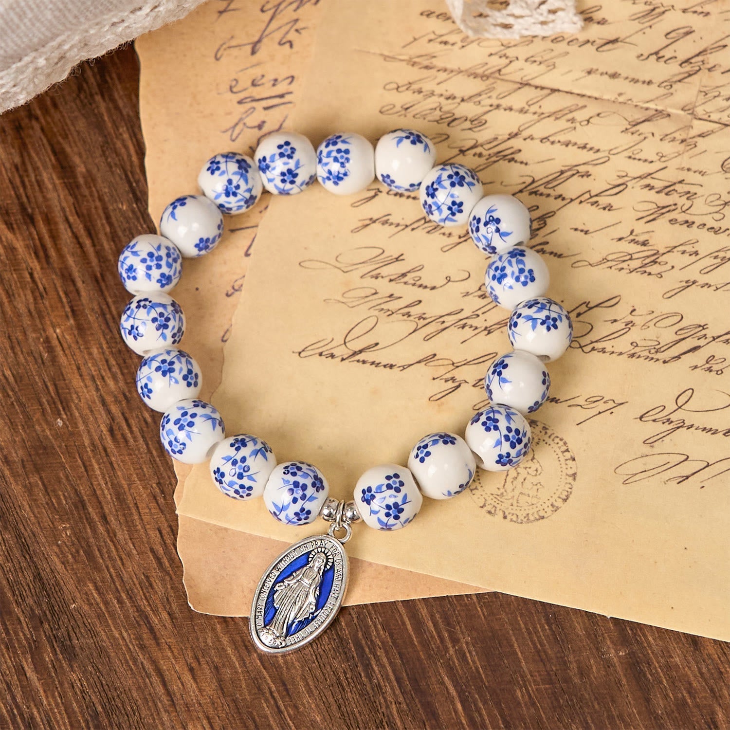Christianartworkshop Blue & White Beaded Floral Bracelet with Miraculous Medal