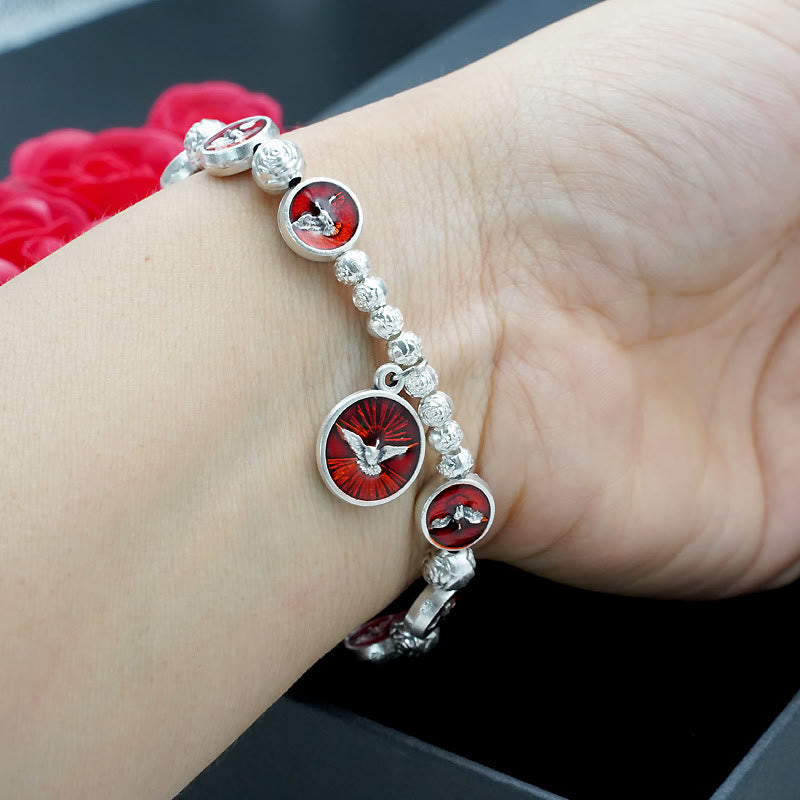 Christiandiscipleshop Enamel Holy Spirit with Cross and Rose Beads Bracelet: Cherished Symbol of Blessed Protection