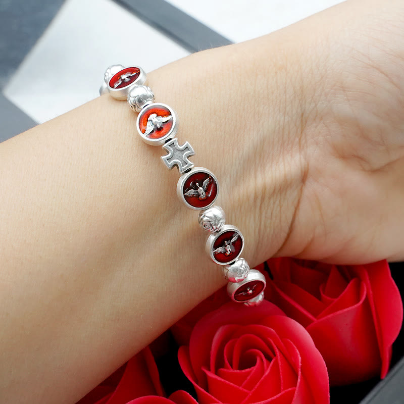Christiandiscipleshop Enamel Holy Spirit with Cross and Rose Beads Bracelet: Cherished Symbol of Blessed Protection