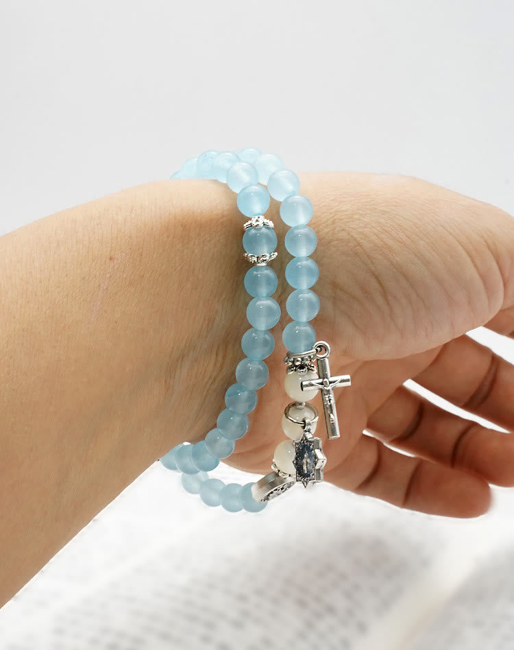 Christianartworkshop 6mm Light Blue Bead Miraculous Medal & Crucifix Minimalist Bracelet: A Symbol of Faith