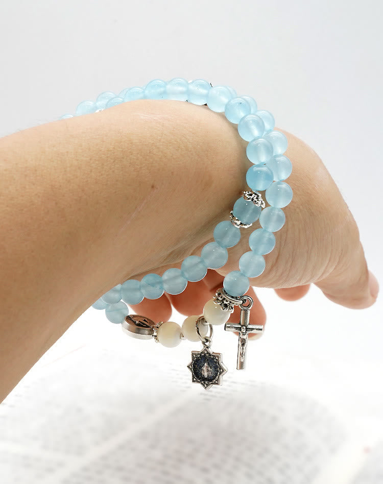 Christianartworkshop 6mm Light Blue Bead Miraculous Medal & Crucifix Minimalist Bracelet: A Symbol of Faith