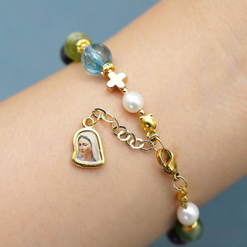 christiandiscipleshop Miraculous Medal & Cross of Round Multicolor Natural Tourmaline Agate Bracelet