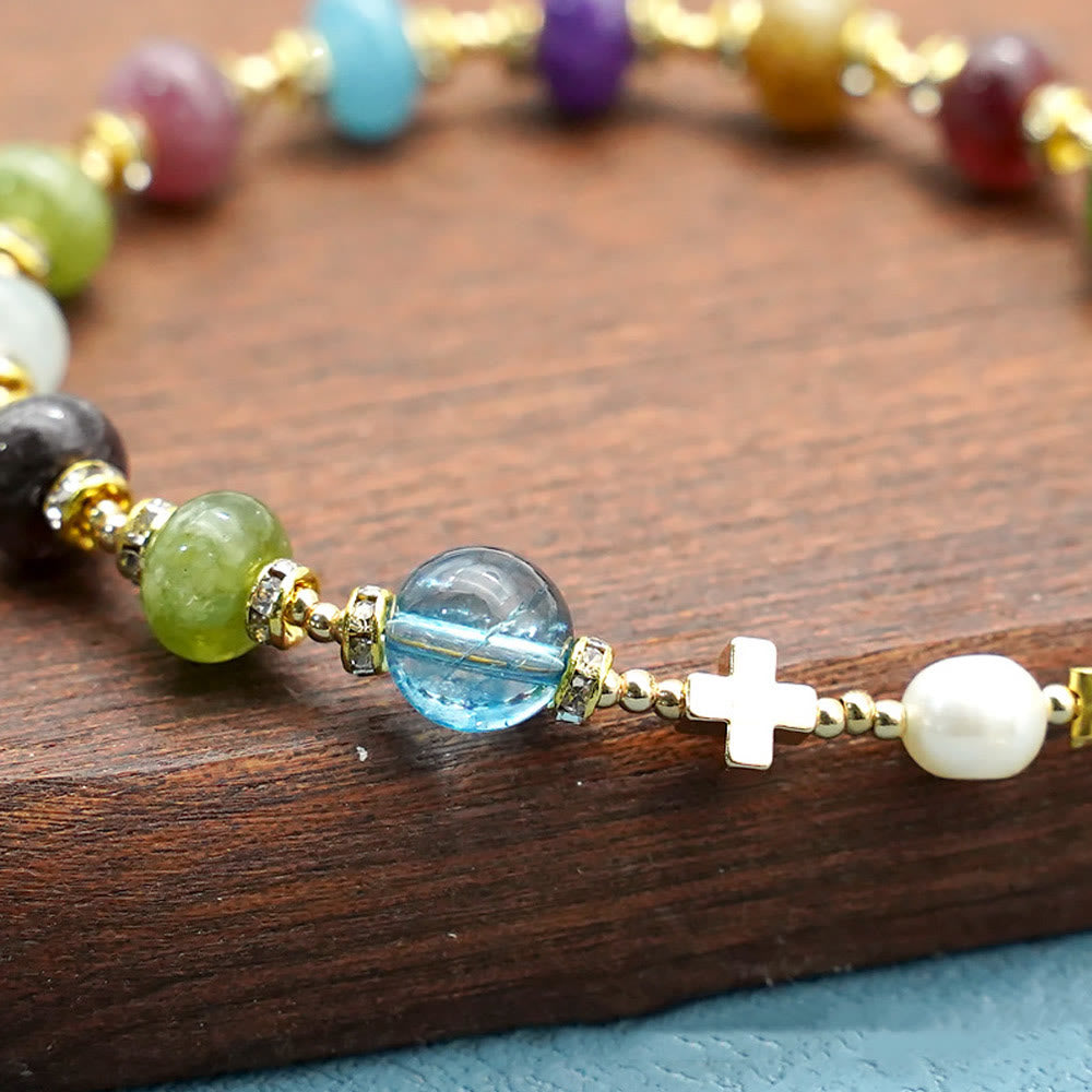 christiandiscipleshop Miraculous Medal & Cross of Round Multicolor Natural Tourmaline Agate Bracelet