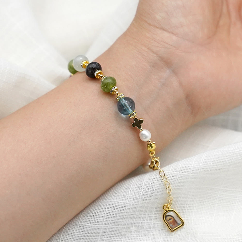 christiandiscipleshop Miraculous Medal & Cross of Round Multicolor Natural Tourmaline Agate Bracelet