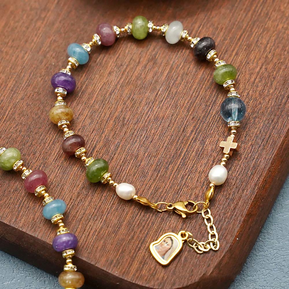 christiandiscipleshop Miraculous Medal & Cross of Round Multicolor Natural Tourmaline Agate Bracelet