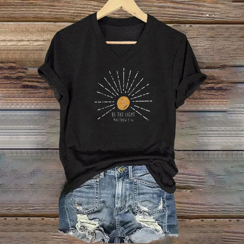 christiandiscipleshop Women's Be The Light Matthew 5:14 Print Print V-Neck Polyester T-shirt
