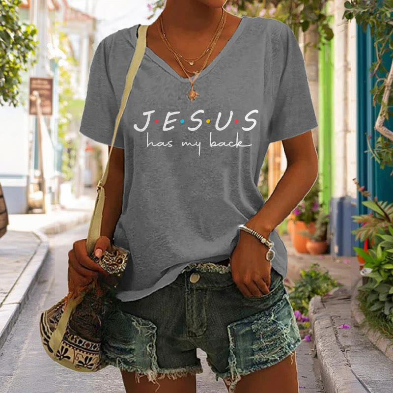 christiandiscipleshop Women's Jesus Has My Back Print V-Neck Polyester T-shirt