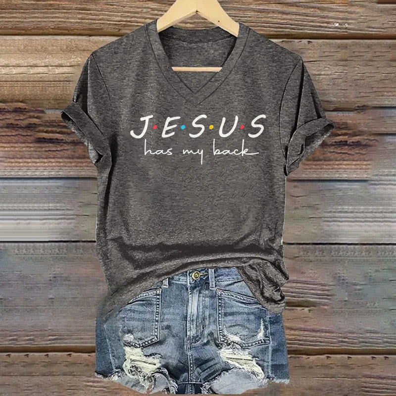 christiandiscipleshop Women's Jesus Has My Back Print V-Neck Polyester T-shirt