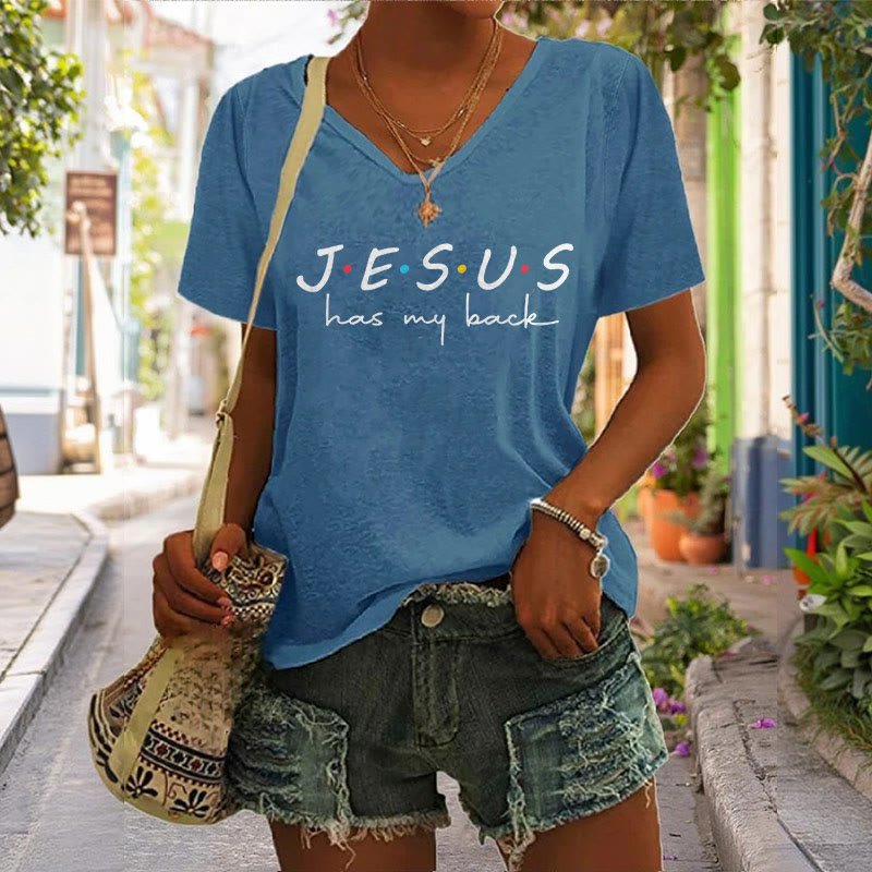 christiandiscipleshop Women's Jesus Has My Back Print V-Neck Polyester T-shirt