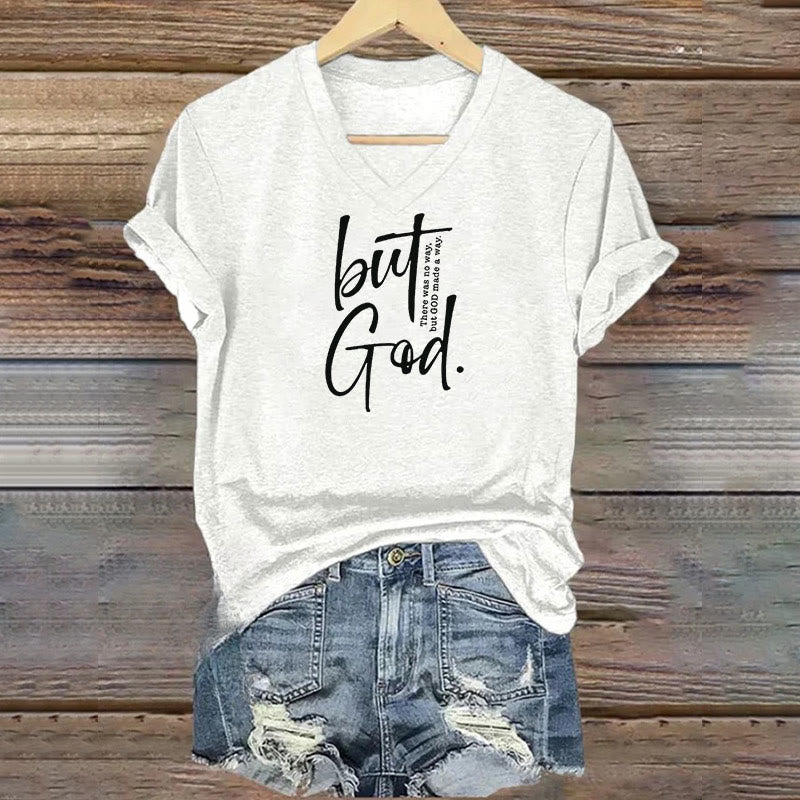 christiandiscipleshop Women's Faith Christian But God Bible Verse Print V-Neck Polyester T-shirt