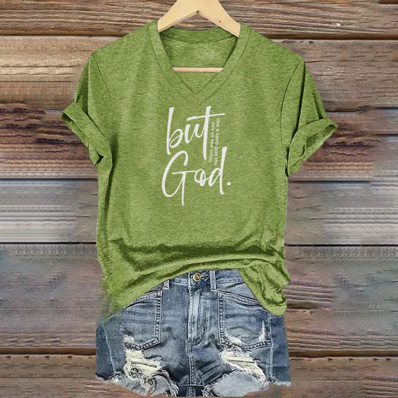 christiandiscipleshop Women's Faith Christian But God Bible Verse Print V-Neck Polyester T-shirt