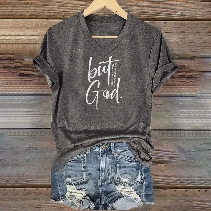 christiandiscipleshop Women's Faith Christian But God Bible Verse Print V-Neck Polyester T-shirt