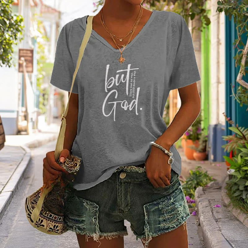 christiandiscipleshop Women's Faith Christian But God Bible Verse Print V-Neck Polyester T-shirt