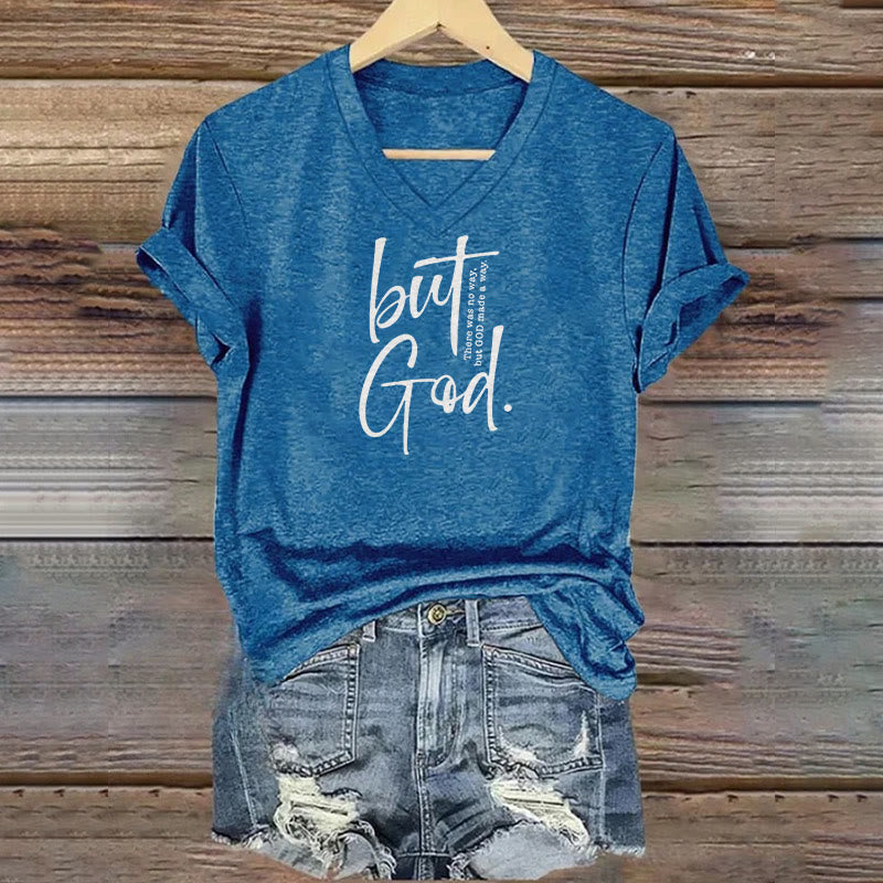 christiandiscipleshop Women's Faith Christian But God Bible Verse Print V-Neck Polyester T-shirt