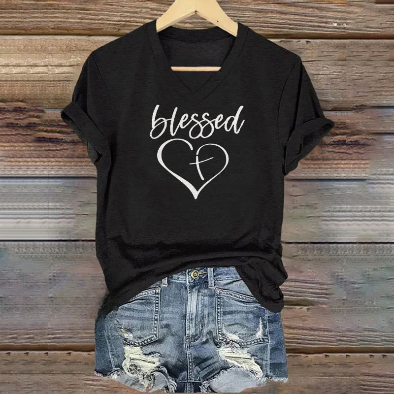 christiandiscipleshop Women's Blessed Love Cross Jesus Has My Back Print V-Neck Polyester T-shirt