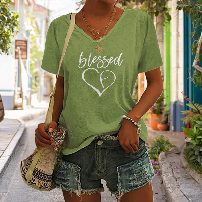 christiandiscipleshop Women's Blessed Love Cross Jesus Has My Back Print V-Neck Polyester T-shirt