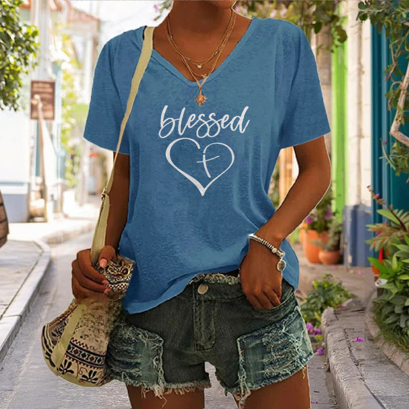 christiandiscipleshop Women's Blessed Love Cross Jesus Has My Back Print V-Neck Polyester T-shirt